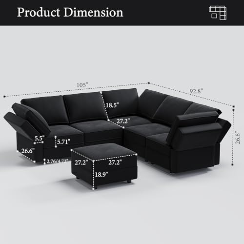 Vesgantti 92" 6 Seats L Shaped Modular Sectional Couch with Storage, Black - Image 2