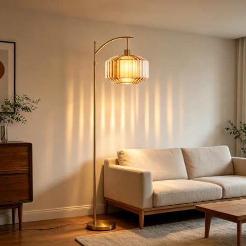 QIYIZM Glass Floor Lamp for Living Room,Bedroom,Gold Standing Lamp with Remote Dimmable,Arc Mid Century Modern Vintage Tall Lamp Brass Boho Floor Lamps Stained Retro Floor Light Lamp Bohemian - Image 3