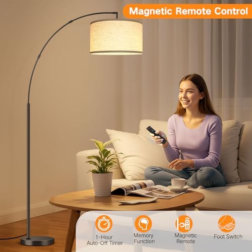 OUTON 81" Arc Floor Lamp, 12W 1080LM LED Dimmable Floor Lamp with 16" Beige Lampshade, Remote Control & Foot Switch, 4 Colour Temperatures, Tall Standing Lamp for Living Room Bedroom Office, Black - Image 5