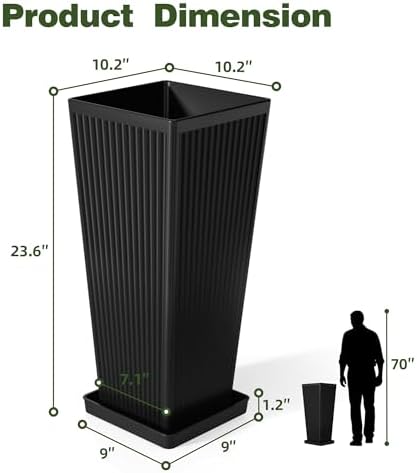 Square Tall Planters for Outdoor Plants with Tray - 24" Black 2Pack - Image 2