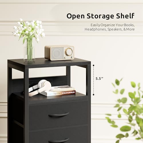 Lazzanto Night Stand with Charger Station for Bedroom, Black Nightstand - Image 6