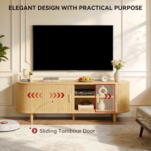 65" Mid Century Modern TV Stand with Power Outlet, Fluted Entertainment Center with Storage and Adjustable Shelves, Wood TV Console with Sliding Doors for Living Room, Oak - Image 5