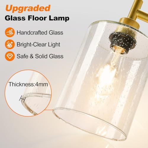 【Upgraded】 Dimmable Floor Lamp for Living Room with Seeded Glass Lampshade, Gold Modern Glass Floor Lamp with 900LM LED Bulb Included, Arc Standing Tall Lamp for Bedroom, Office, Reading Room, Corner - Image 5