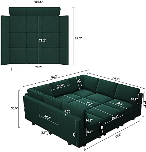 Belffin Modular Sectional Sofa with Ottomans Velvet Reversible Sleeper Sectional Sofa with Chaise Modular Sleeper Sofa Bed with Storage Seat Green - Image 2