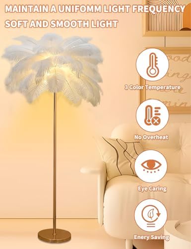 Feather Floor Lamp,Fluffy Ostrich Feather Floor Lamp for Bedroom,3 Color Temperatures Led Corner Modern Floor Lamps for Living Room Christmas Home Decor House Warming Gifts,63″ Height (White) - Image 5