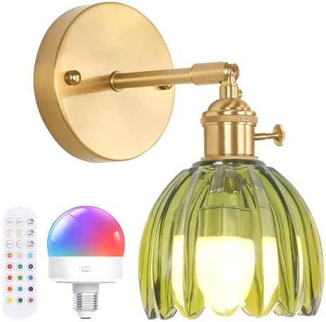 Shenmoyl Vintage Battery Operated Wall Sconce with Green Tulip Glass Lampshade Rechargeable Battery Powered Wall Light with Remote Control for Bedside Bedroom Doorway by Shenmoyl