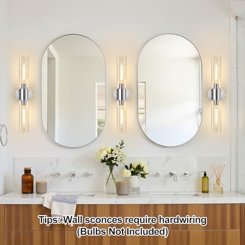 Wall Sconces Set of Two, Modern Bathroom Sconces Wall Lighting with & Clear Glass Glass, Chrome Sconces Wall Decor Set of 2 for Bathroom Mirror Bedroom Living Room Hallway - Image 3