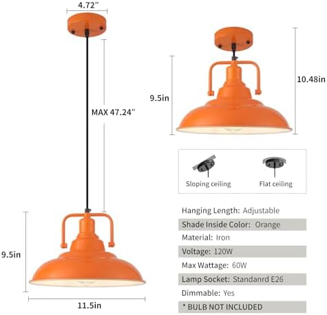 Farmhouse Pendant Light, 2 Packs 12.5inches Orange Kitchen Pendant Lights, Island Pendant Lights, Modern Pendant Lights, Pendant Light for Kitchen, Living Room, Bedroom, Hallway - Image 6