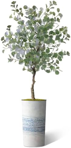 Artificial Tree in Blue Gray Industrial Line Pattern Planter, Fake Eucalyptus Silk Tree for Indoor and Outdoor Home Decoration - 66" Overall Tall (Plant Pot Plus Tree) - Image 2