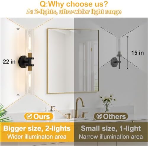 Indoi Black and Gold Wall Sconce, Hardwired Bathroom Sconces Wall Lighting with Clear Glass, Modern Sconces Wall Light fixtures for Bathroom Mirror Living Room Hallway Bedroom - Image 3