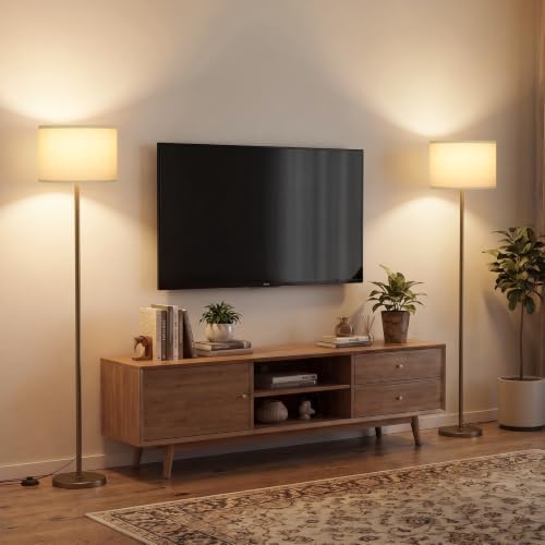 Ambimall 60'' Modern Floor Lamp Set of 2, 2PK Tall Lamps for Living Room Bedroom, Beige Shade with Brown Pole(Without Bulb) - Image 5
