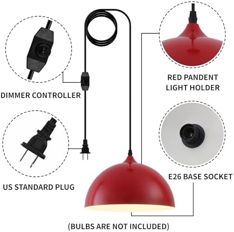 Red Plug in Pendant Light 2 Packs 11.8inch 14.7 ft, Farmhouse Pendant Light, Kitchen Pendant Lights, Pendant Lights Kitchen Island, Hanging Lights with Plug in Cord for Dining Room, Bedroom - Image 2