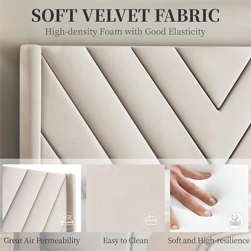 Yaheetech Full Bed Frame with Chevron Channel-Tufted Headboard, Beige - Image 5