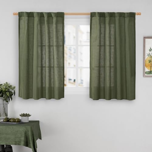 LAMIT Olive Green Linen Curtains 40 Inch for Small Window Over Silk 2 Panels by LAMIT