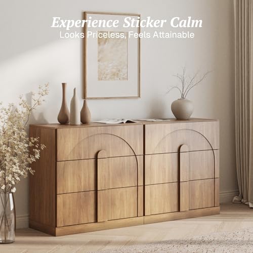 BELLEZE Sideboard Cabinet with 3 Drawers, Set of 2 Modern Wood Buffet Cabinet with Arc Design, Large Fluted Sideboard with Storage for Kitchen Living Room Entryway, Camel - Image 4
