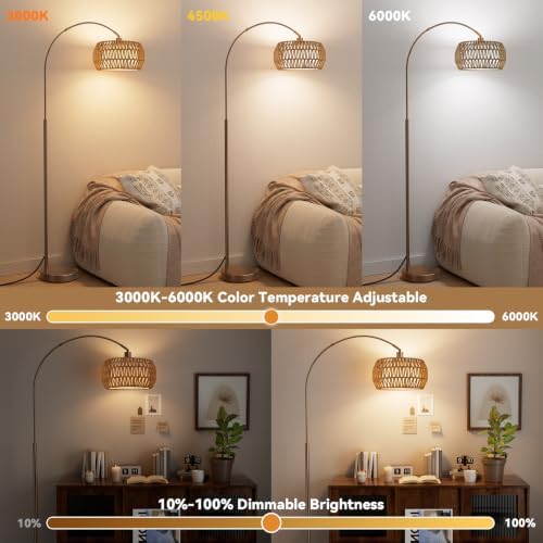 Ambimall Boho Arc Floor Lamp, Color Temp and Brightness Adjustable, Brown - Image 3