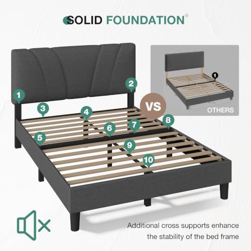 Novilla Queen Size Bed Frame Upholstered Queen Bed Frame with 3-Height Adjustable Headboard, Strong Weight Capacity, No Box Spring Needed, Easy Assembly, Grey - Image 6