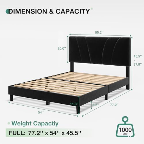 Novilla Full Size Bed Frame with Headboard, Full Bed Frame with Wooden Slats Support, Velvet Upholstered Headboard, No Box Spring Needed, Heavy Duty Feet, Easy Assembly, Black Velvet - Image 2