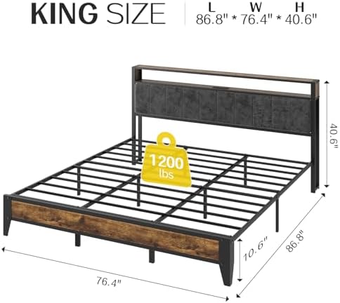 OLEVS King Bed Frame with Headboard, Metal Platform Bed King Size with 2-Tier Storage, LED Light & Charging Station Type C, No Box Spring Needed, Easy Assembly - Image 2