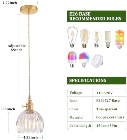 Shenmoyl Pendant Light with Clear Tulip Glass Lmapshade, Brass Vintage Pendant Light Adjustable Hanging Light for Kitchen Island Dining Room Hallway - Image 6