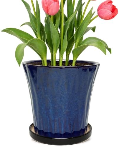 8.3 Inch Ceramic Planters with Drainage Hole and Saucer,Indoor Outdoor Large Flower Pots, Garden Pot for Plant Lovers (Blue) by Unknown