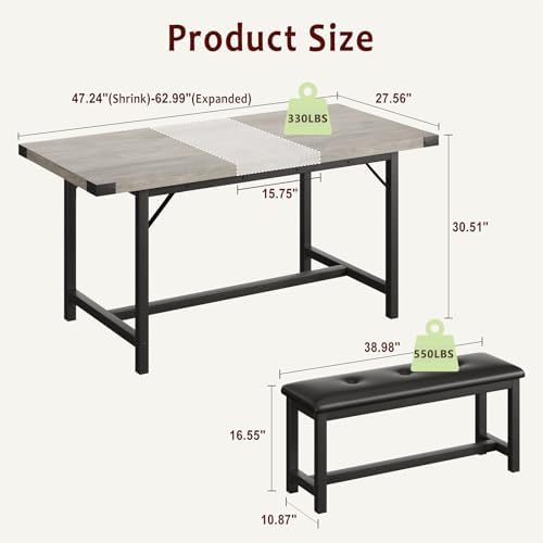 IDEALHOUSE 63" 3 Piece Extendable Dining Table Set for 4-6, Rectangle Wooden Kitchen Table with 2 Soft Benches Set for 6, Sturdy Metal Frame, Dinette Table Set for Apartment, Kitchen, Rustic Gray - Image 2