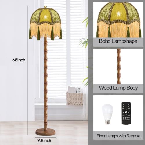 AHDWDW Vintage Floor Lamp for Living Room Bedroom,Victorian Floor Lamps with Remote,Wood Standing Tall Lamp with Green Tassels Velvet Lampshade,Fringe Dimmable Floor Lamp for Corner Reading Decor - Image 4