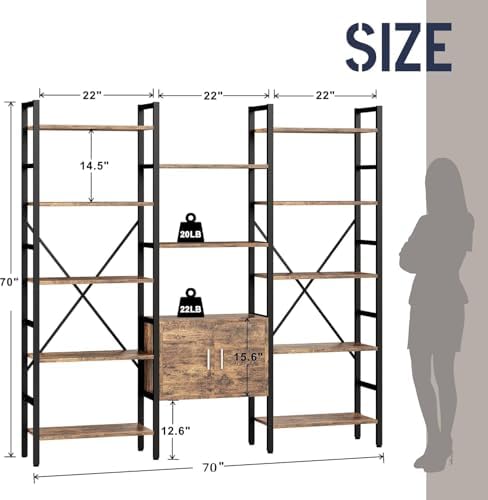 INNOD 70" Triple 5 Tier Book Shelf, Large Industrial Bookcase with Storage Cabinet, Tall Bookshelf with Open Display Shelves Furniture for Living Room Bedroom Home Office Rustic Brown - Image 2