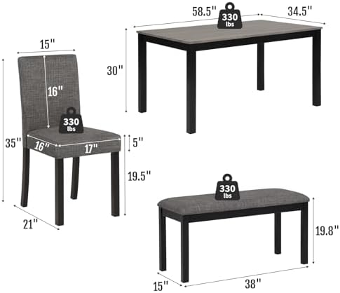 Zevemomo 6-Piece Solid Wood Dining Table Set, Wooden Legs, Dark Grey - Image 2
