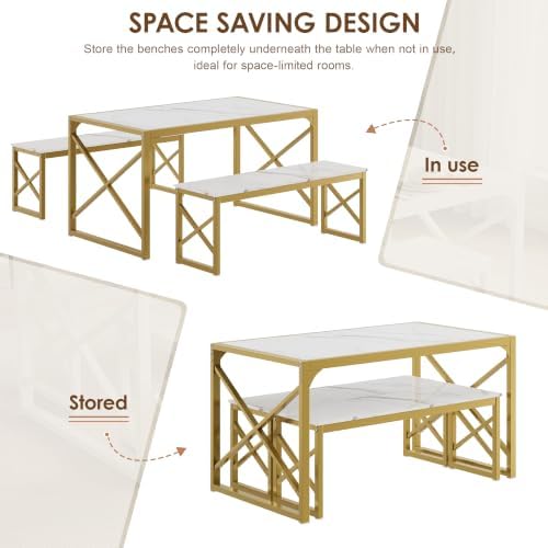 VECELO 55” Kitchen Dining Table Set for 4, Heavy-Duty Steel Frame & Wood-Grain Tabletop, Space-Saving Dinette Sets with 2 Benches for Breakfast Nook and Small Space, Golden - Image 6