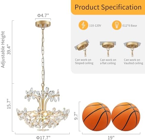 WUZUPS Crystal Chandelier Pendant Flushmount Ceiling Light Modern Lighting Fixture for Bedroom Hallway Bar Kitchen Bathroom, H 15.7" x W 17.7", Gold, E12 Base - Image 2