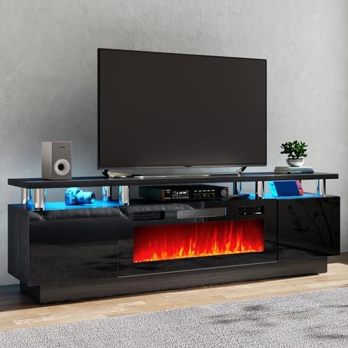 80" TV Stand for Living Room, Large Entertainment Center & Media Console, Fits TVs up to 90", Storage Cabinet with Shelves, 36" Electric Fireplace (All Black) - Image 4