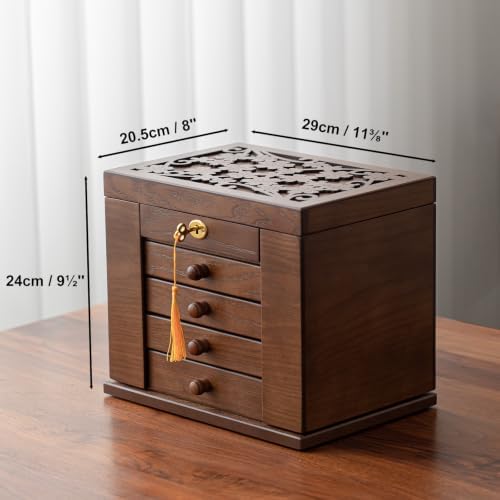 Changsuo Wooden Jewelry Box for Women, Organizer Box of Solid Wood with Lock and Key for Jewelries, Watches, Necklace, Ring, Lockable Storage Case (Rustic Brown) - Image 2