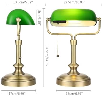 Traditional Banker's Desk Lamp with Glass Shade,Pull Chain Switch, LED Bulb Included (Antique Bronze+Green) - Image 7