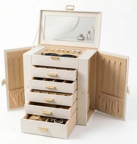 Large Leather Jewelry Box for Women, Mirror, 6 layer, White by Homruilink
