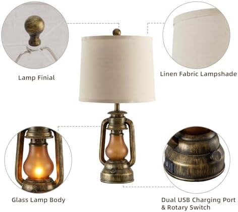 Set of 2 Farmhouse Lantern Table Lamps for Living Room with 2 USB Charging Ports, Rustic Vintage Nightstand Lamps with Nightlight for Bedroom End Table Entryway, 4 Bulb Included - Image 6