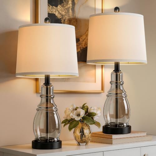 ROTTOGOON Glass Table Lamp Set of 2, Modern Table Lamps for Living Room Bedroom, Bedside Desk Lamps Vintage Nightstand Lamps with Linen Shades, 22", Black by ROTTOGOON