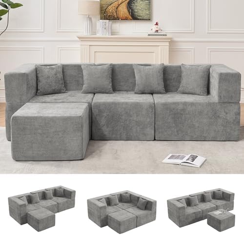 MONVANE 103'' Modular Sectional Sofa, Cloud Sectional Couch with Ottoman, Convertible Chenille L Shaped Couch with Deep Seat, Sectional Couches for Living Room, No Assembly Required, Light Grey by MONVANE
