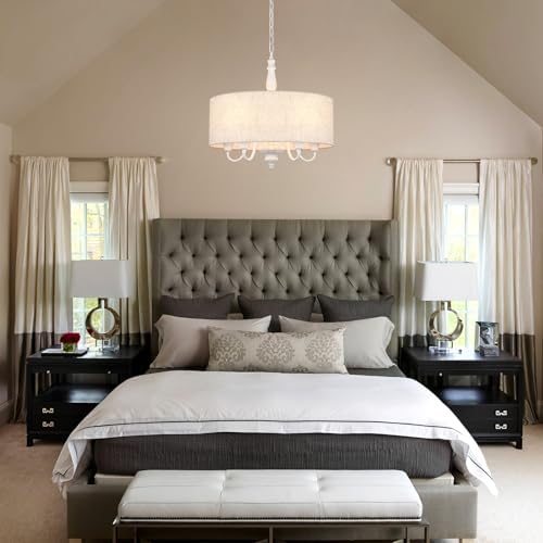 5-Light Drum Chandelier for Dining Room, 18'' Farmhouse Chandelier with Linen Shade, Round Fabric Drum Hanging Light Fixture for Entryway, Foyer, Living Room, Bedroom, French Distressed White - Image 2
