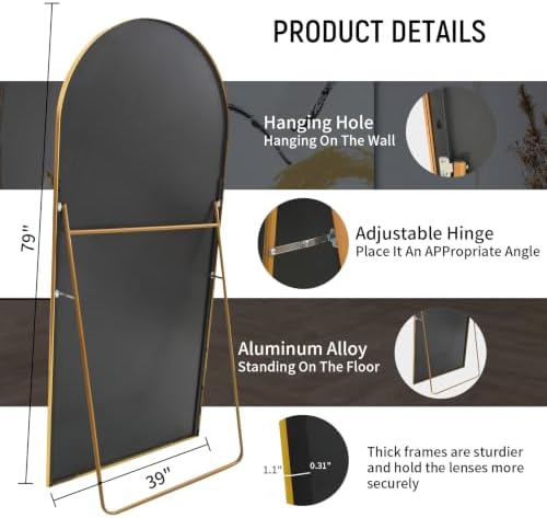 Beauty4U 79" x 39" Arched Full Length Mirror with Stand, Gold Floor Mirror - Image 2
