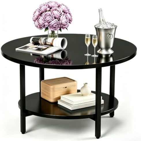 Coffee Tables for Living Room, 27.6" Round Coffee Table, Black Coffee Table by FAMIDGE