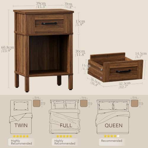 Farmhouse Nightstand with Drawer, Small Wood Bedside Table, Rustic Side Table, Modern End Table with Drawer, Retro Wooden Red Brown Night Stand for Bedroom - Image 2