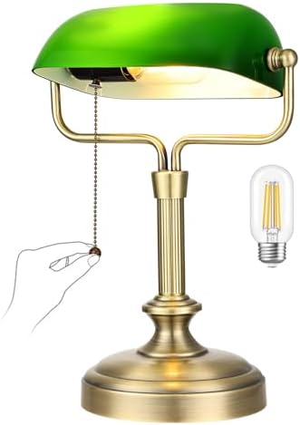 Traditional Banker's Desk Lamp with Glass Shade,Pull Chain Switch, LED Bulb Included (Antique Bronze+Green) by LOFOB