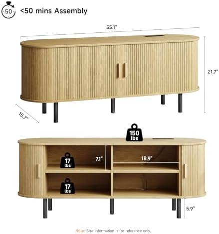 ONBRILL 55" TV Stand with Power Outlet & Storage for TVs up to 60", Oak - Image 2