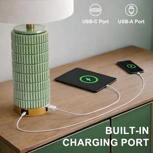 PoKat 25'' Bedside Table Lamps Set of 2 for Living Room with USB A&C Ports, Touch Lamps with 3-Way Dimmable Control for Bedroom, Farmhouse Green Lamps for Nightstand Office Hallway (Bulbs Included) - Image 3