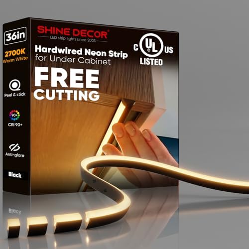 Shine Decor Under Cabinet Lighting Strip, Free Cuttable LED Silicone Neon Rope Hardwired 24V Anti-Glare Bright Cozy 684 Lumen for Indoor, Adhesive Black Shell 2700K Warm 36” UL Certified, No Adapter by ShineDecor