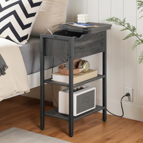 HOOBRO End Table with Charging Station, Narrow Side Table, Flip Top Nightstand with USB Ports and Outlets, Bedside Tables with Shelf for Small Spaces, Living Room, Charcoal Black BC341BZ01 - Image 2