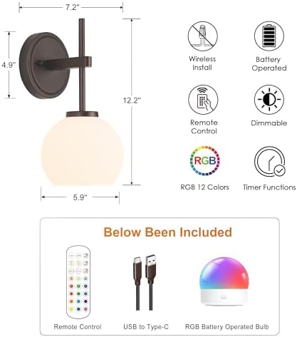 Oil Rubbed Bronze Wireless Rechargeable Wall Sconces Set of 2, Battery Operated Wall Lights with Remote Control, LED Dimmable Wall Lamp with Opal White Glass Shade, 12 Colors RGB & 3 CCT Bulb - Image 6