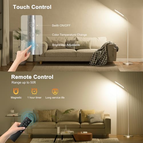 Yikuneng Dimmable LED Floor Lamp, Super Bright Reading Lamps Floor Standing lamp with Remote & Touch Control, Stepless Dimming & 2700K-6500K Color Temperature, for Living Room Bedroom Office, Silver - Image 5