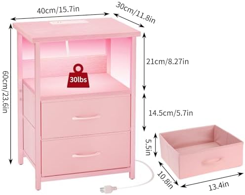 Fixwal Night Stand with Charging Station, Led Nightstand, Pink, 2 Drawers - Image 2